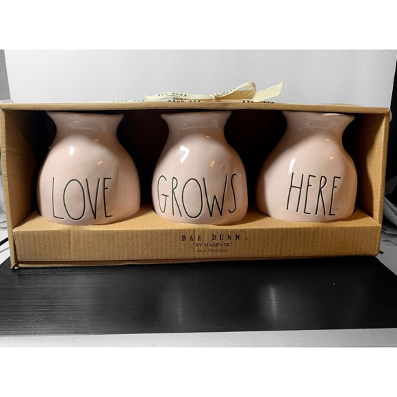 RAE DUNN Pink Love Grows Here Mini Ceramic Vases NWT - Picture 2 of 7